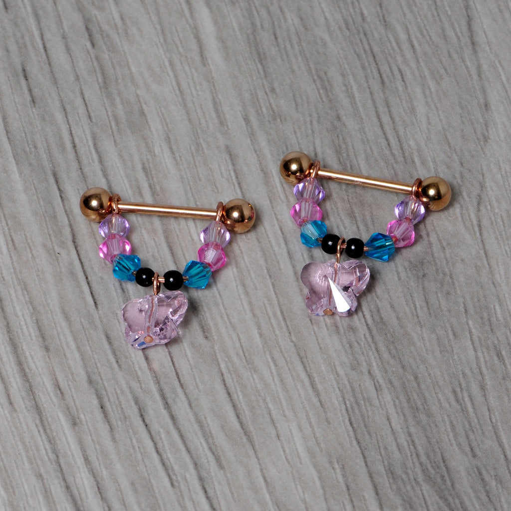 14G Pink Gem Rose Gold Tone Butterfly Dangle Nipple Ring Set