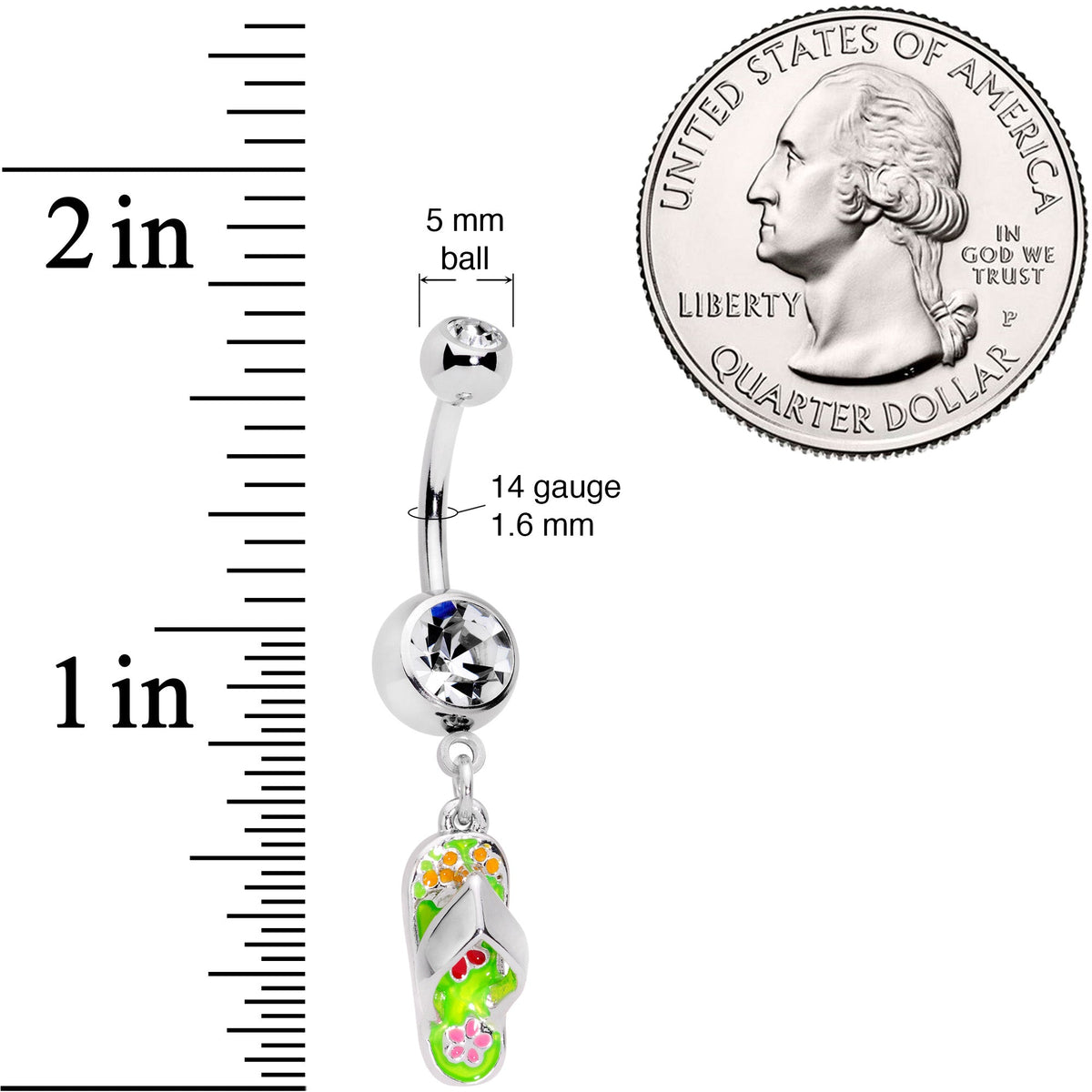 Clear Gem Pink Green Beach Flip Flop Sandal Dangle Belly Ring