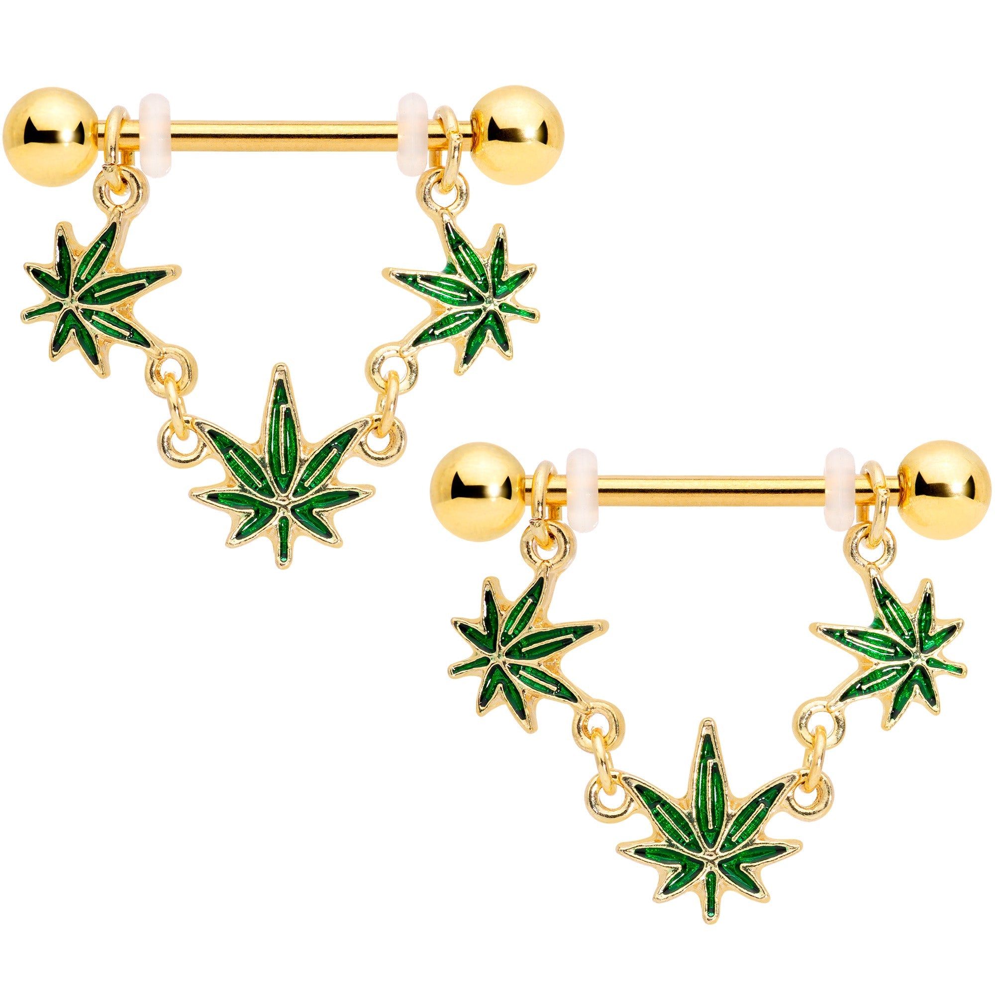 14G 3/4 Green Gold Tone Weed Pot Leaf Dangle Nipple Ring Set