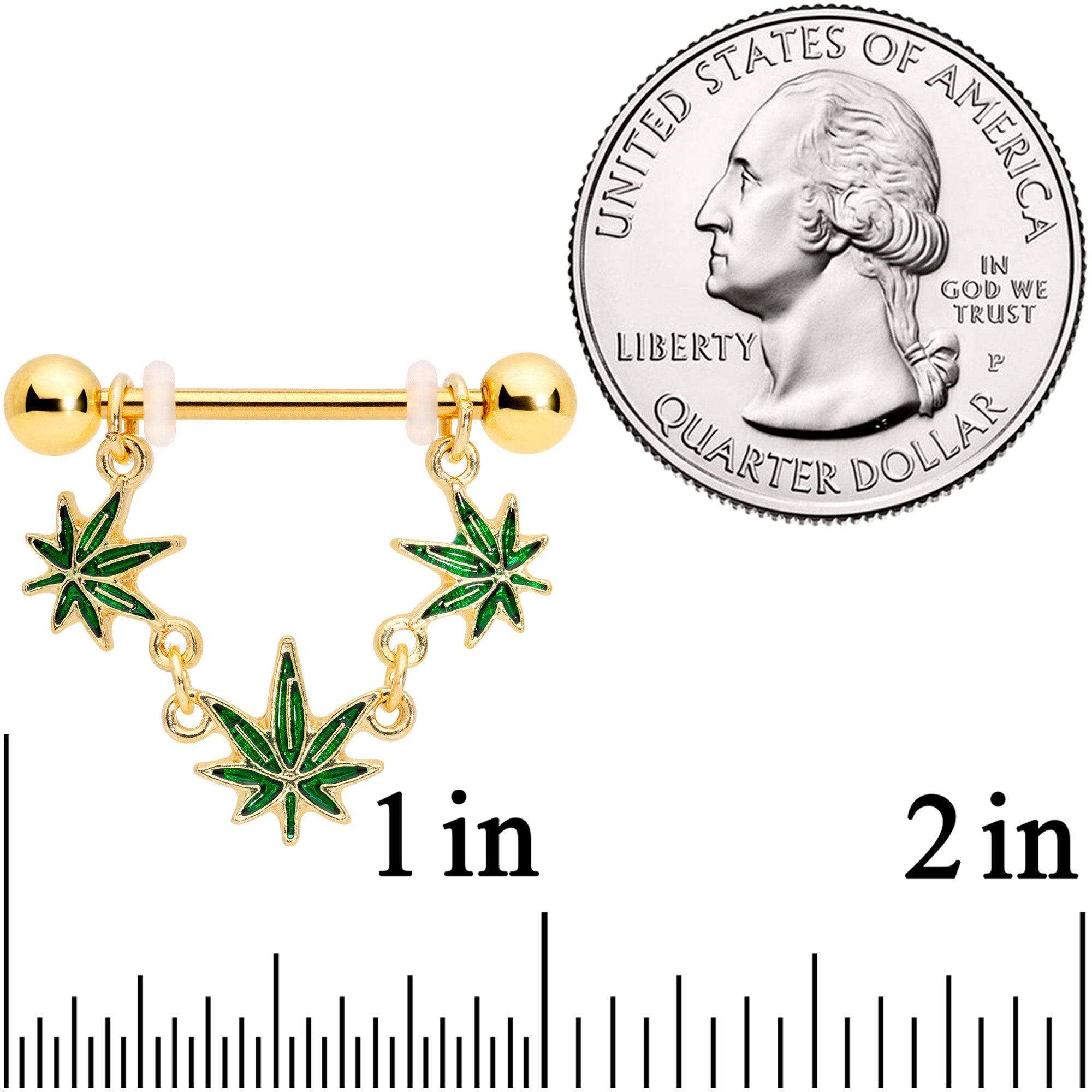 14G 3/4 Green Gold Tone Weed Pot Leaf Dangle Nipple Ring Set
