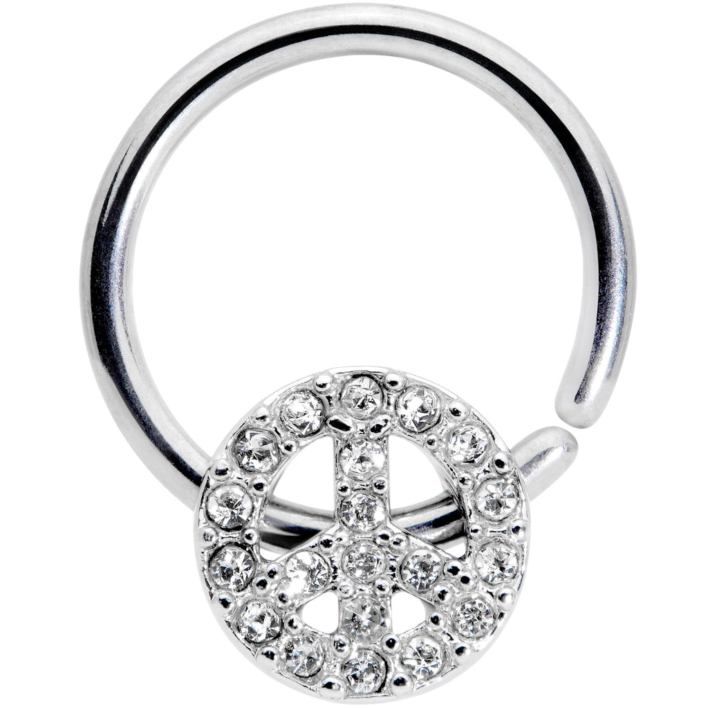 16G 3/8 Clear Gem Retro Peace Sign Closure Ring