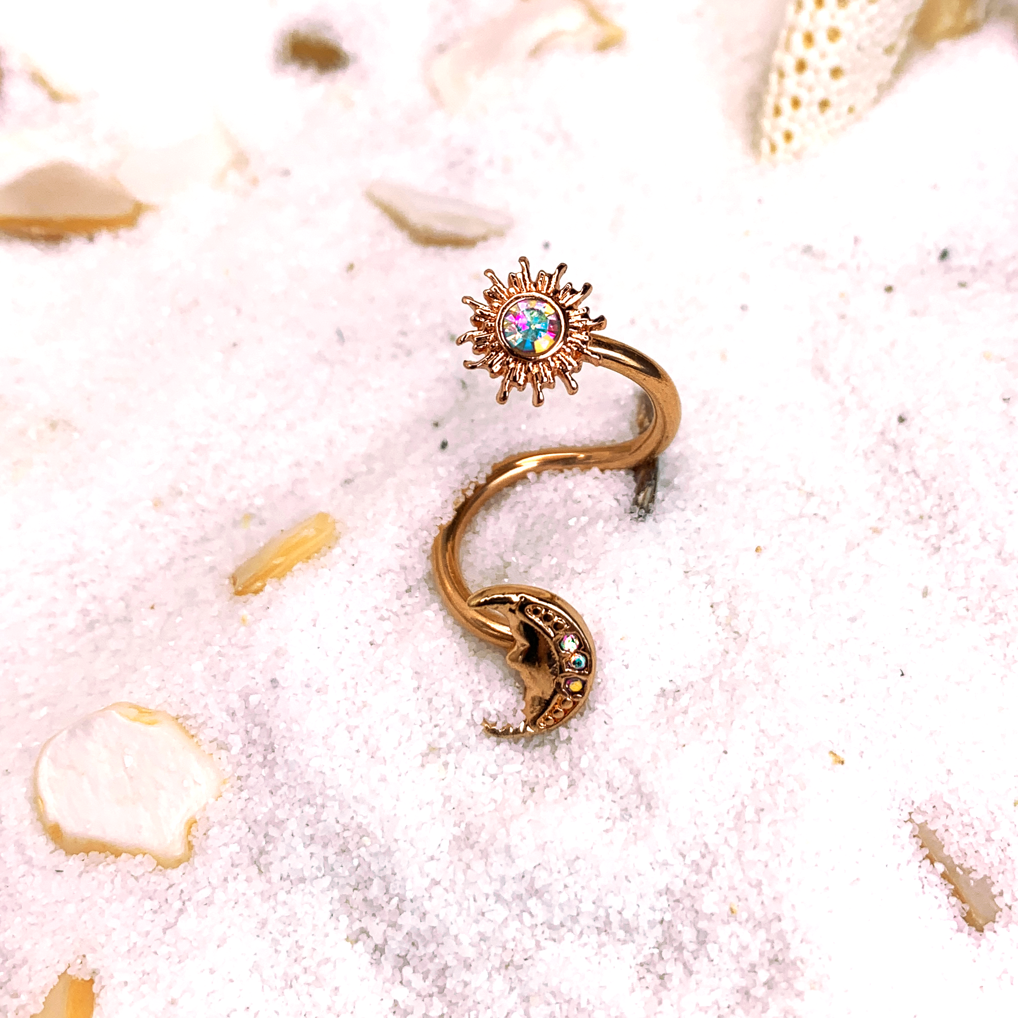 14G 7/16 Aurora Gem Rose Gold Tone Moon Spiral Twister Belly Ring
