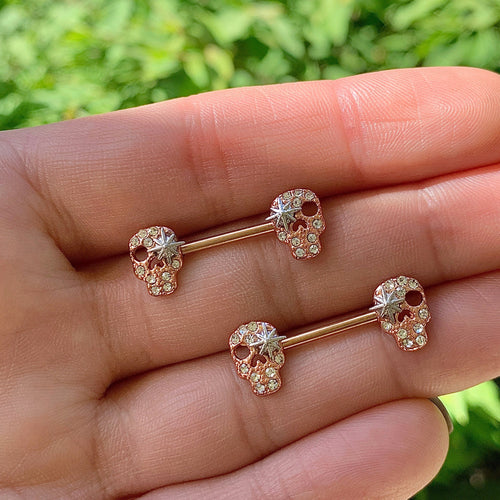 14G 9/16 Clear Gem Star Skull Barbell Nipple Ring Set