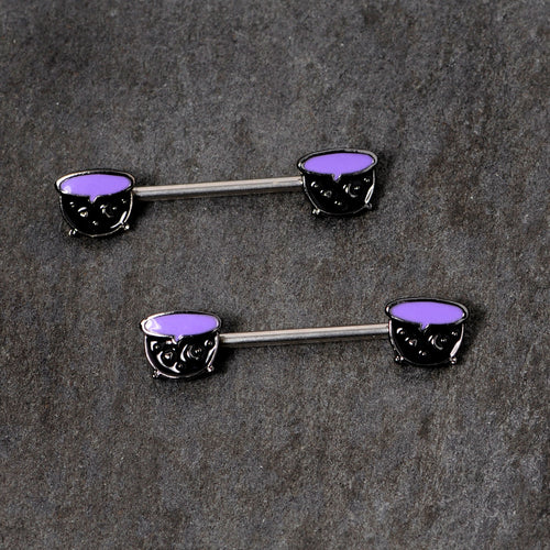 14G 11/16 Purple Cauldron Halloween Barbell Nipple Ring Set