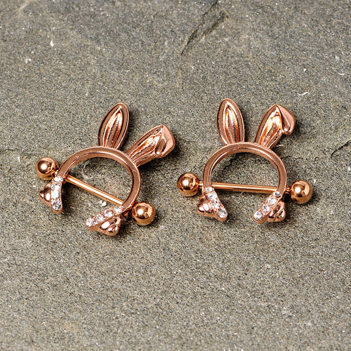 14G 9/16 Clear Gem Rose Gold Tone Bunny Ear Headphones Nipple Shield Set