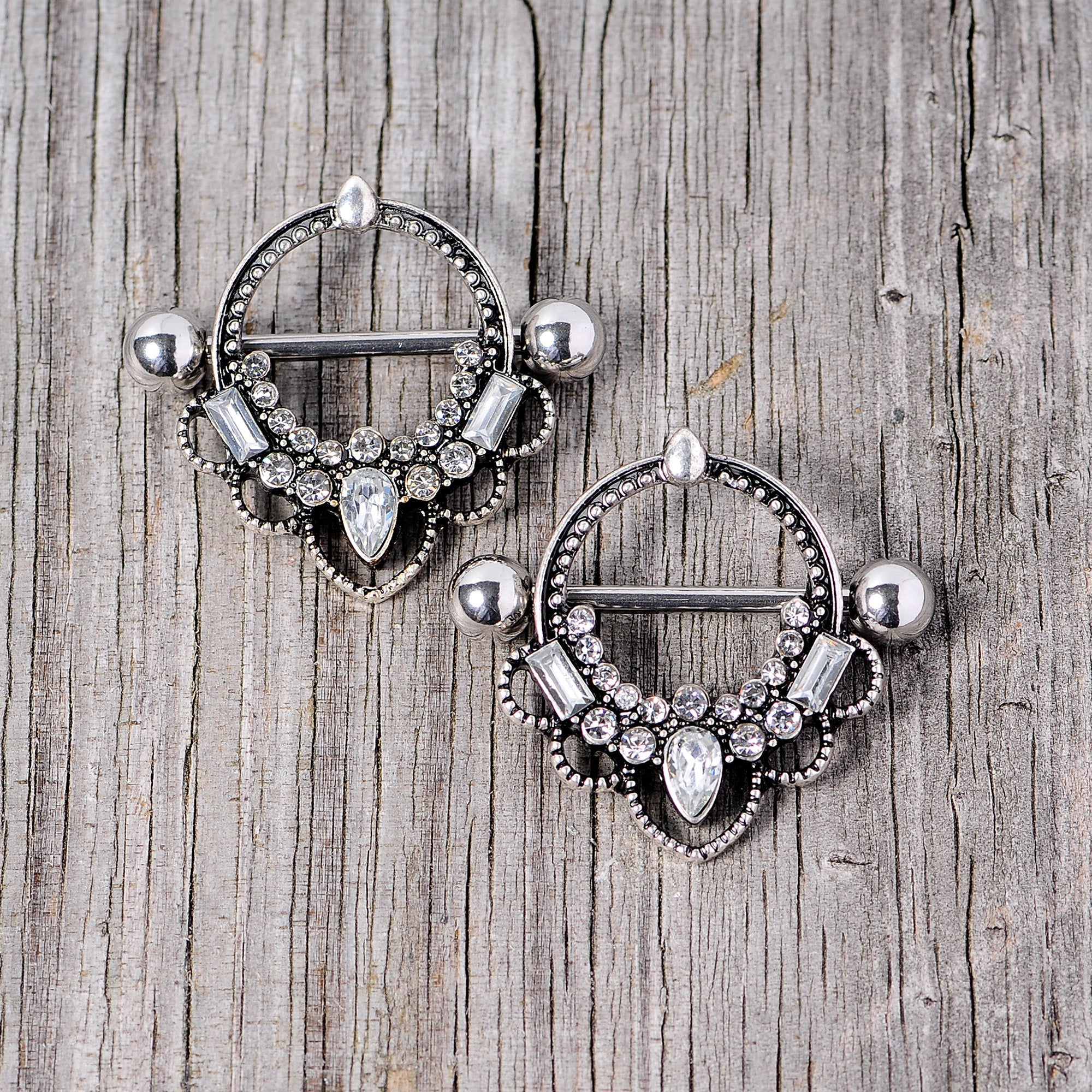 14G 5/8 Clear Gem Filigree Nipple Shield Set