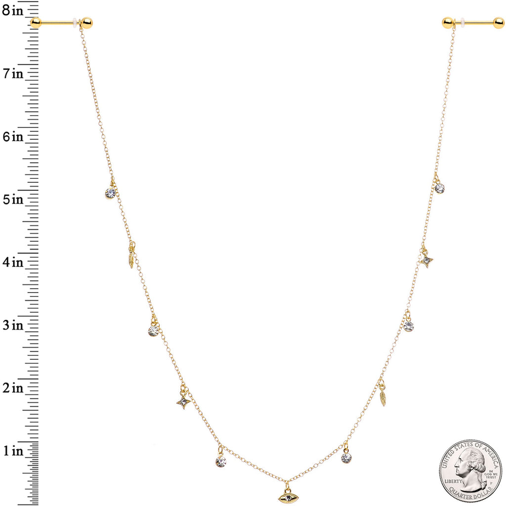 14G 9/16 Clear Gem Gold Tone Eye Star Feather Dangle Nipple Chain
