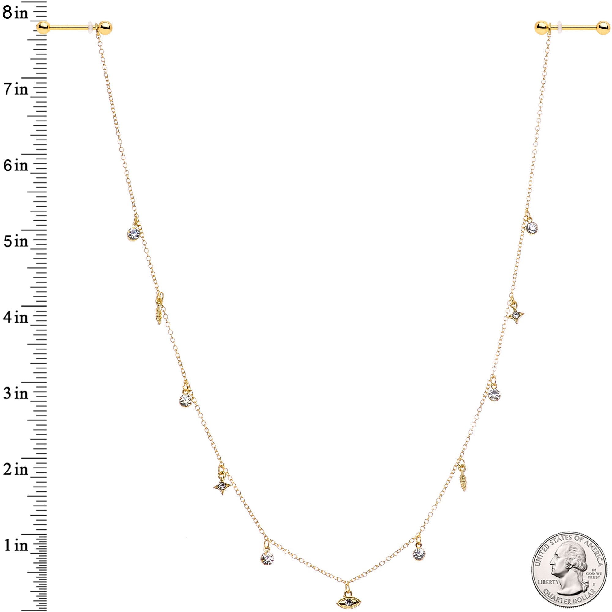 14G 9/16 Clear Gem Gold Tone Eye Star Feather Dangle Nipple Chain