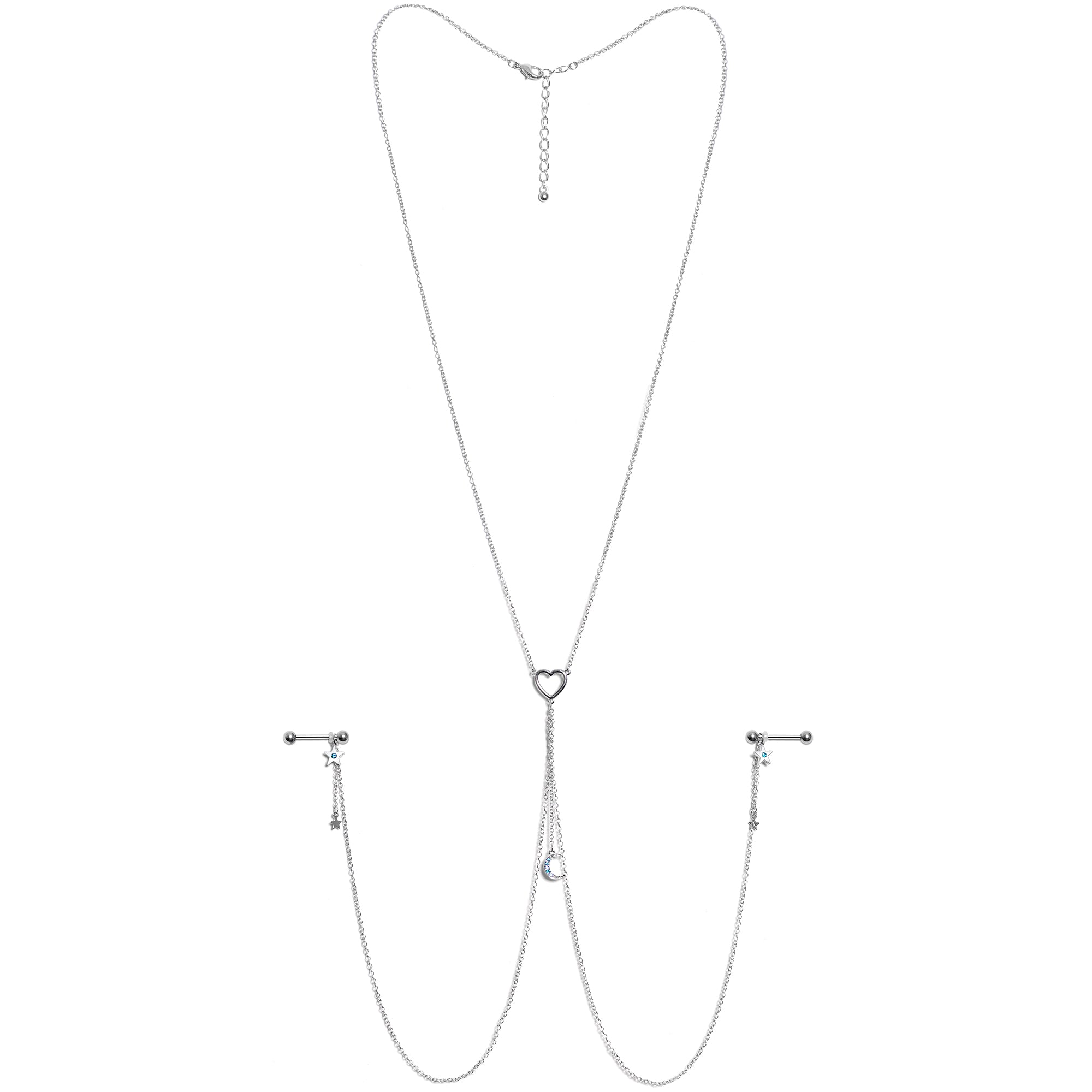 14G 5/8 Blue Gem Moon Heart Star Nipple Chain Necklace