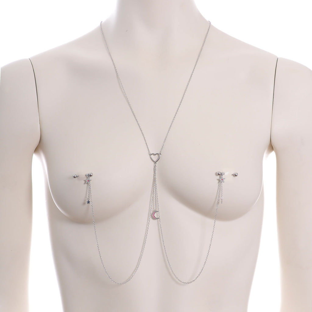 14G 5/8 Pink Gem Moon Heart Star Nipple Chain Necklace
