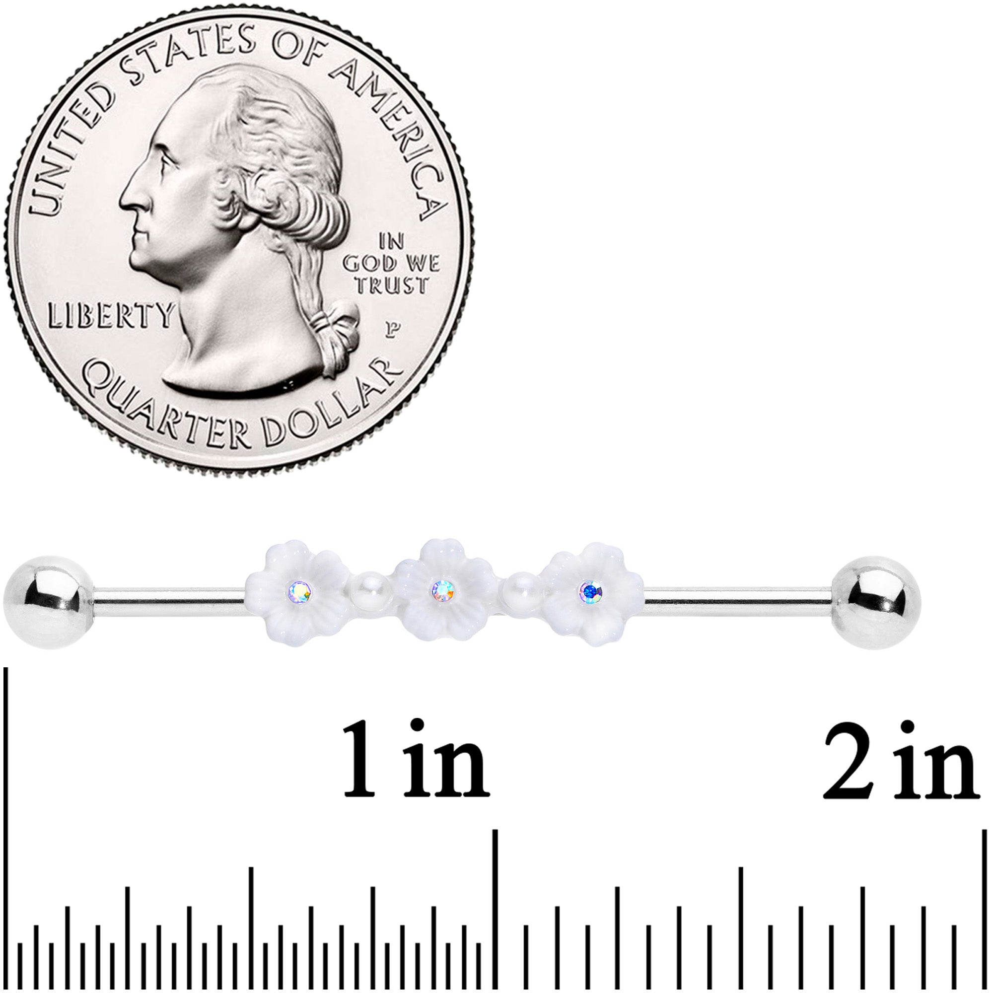 14G Aurora Gem White Flower Industrial Barbell 38mm
