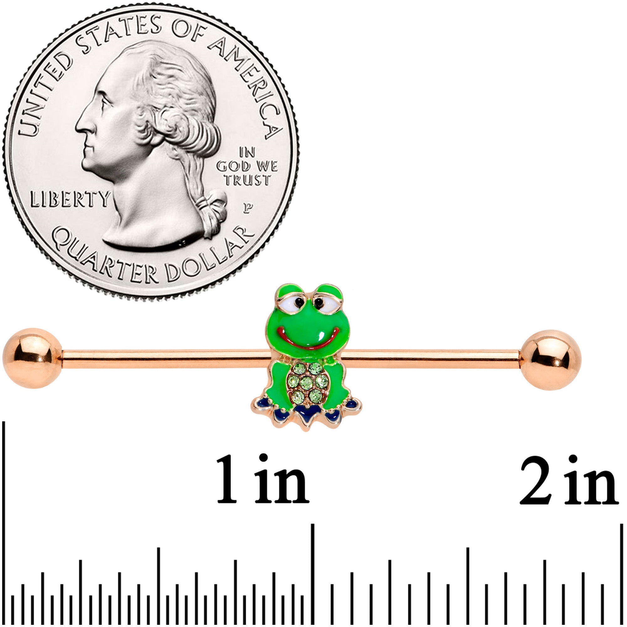 14G Green Gem Rose Gold Tone Green Frog Industrial Barbell 38mm