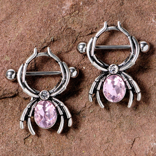 14G 9/16 Pink Gem Spider Halloween Nipple Shield Set