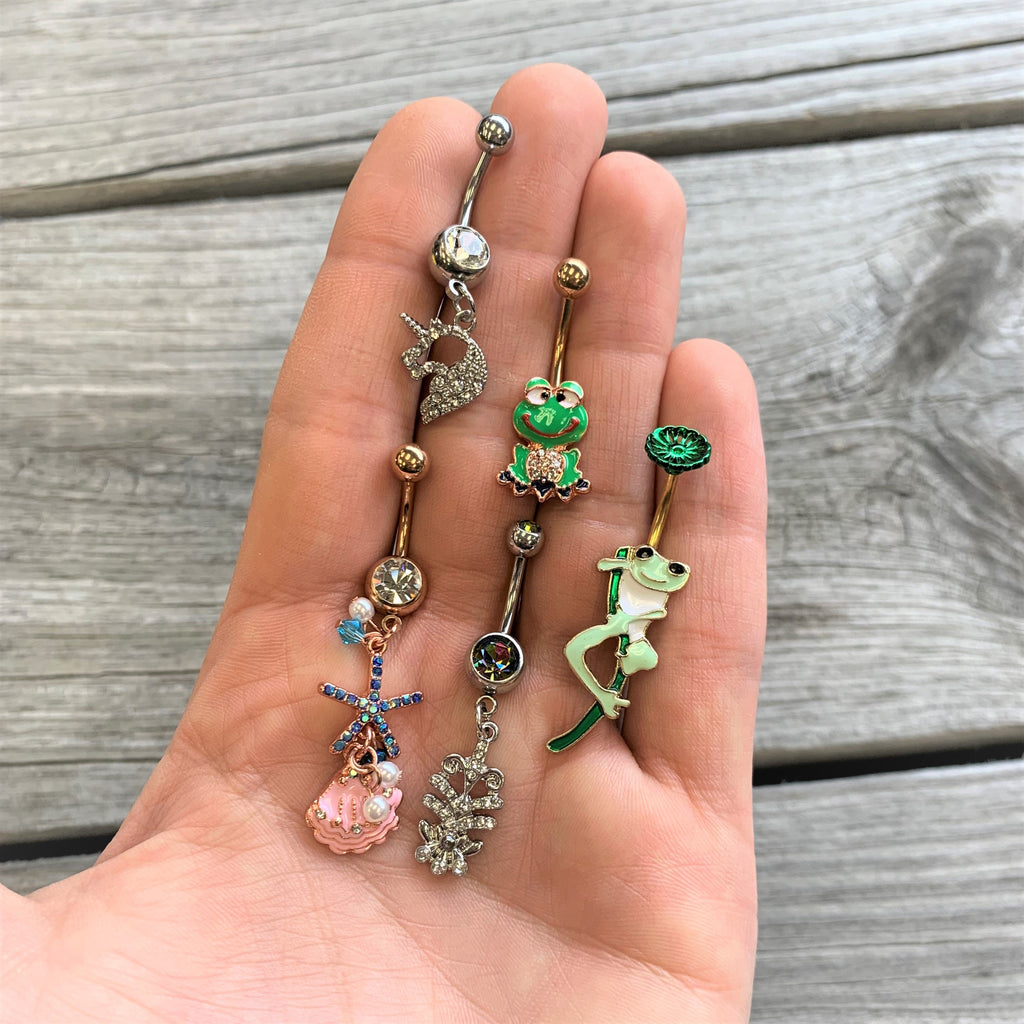 Clear Blue Gem Gold Tone Ocean Treasure Nautical Dangle Belly Ring