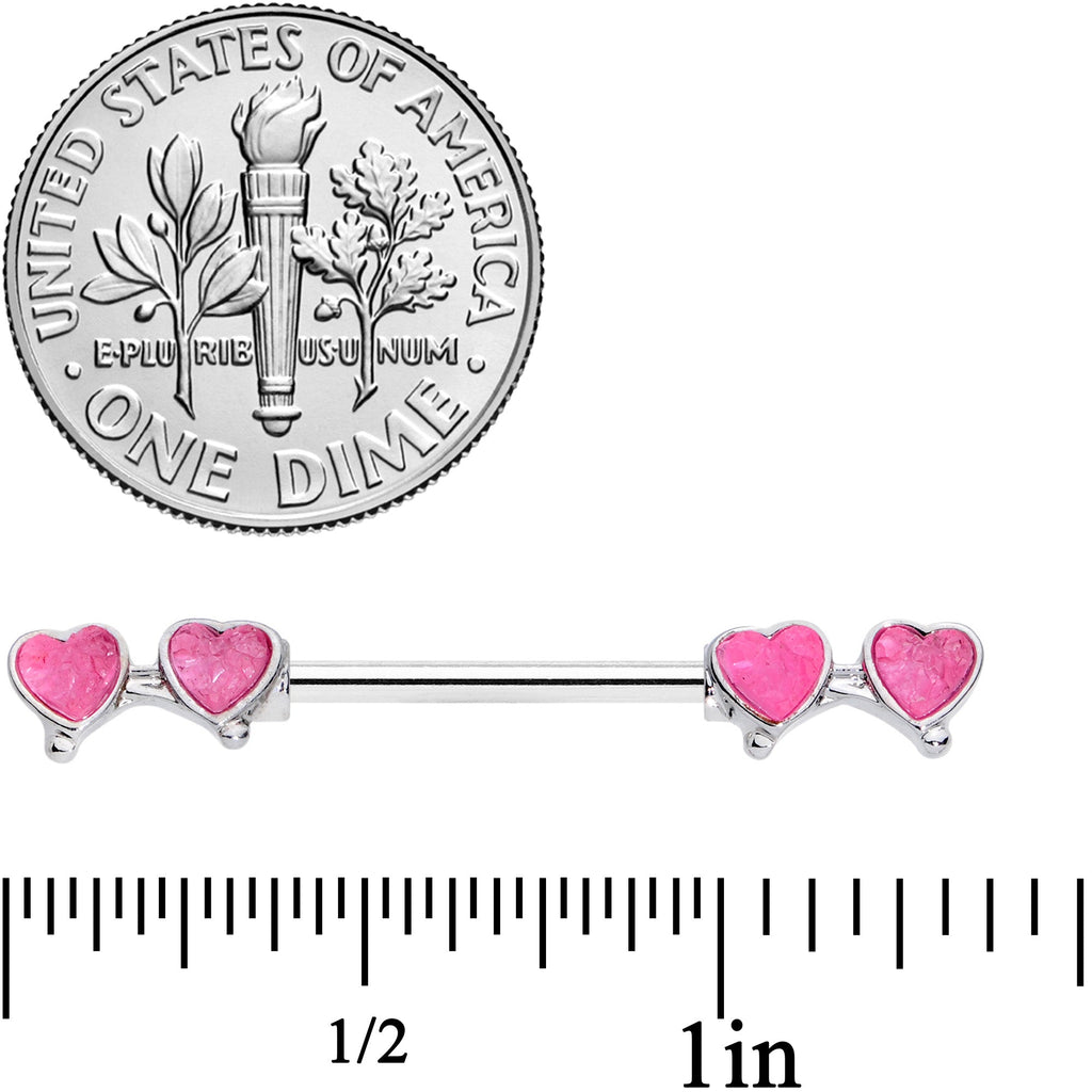 14G 9/16 Pink Double Hearts Barbell Nipple Ring Set