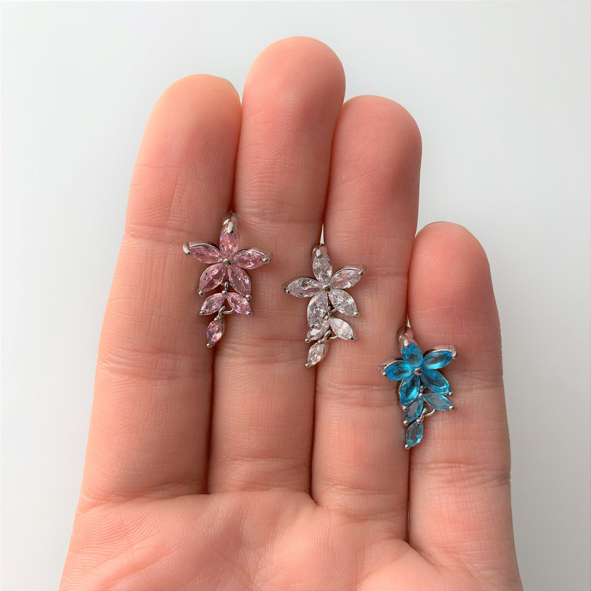 Pink CZ Gem Fashion Flower Dangle Top Mount Belly Ring