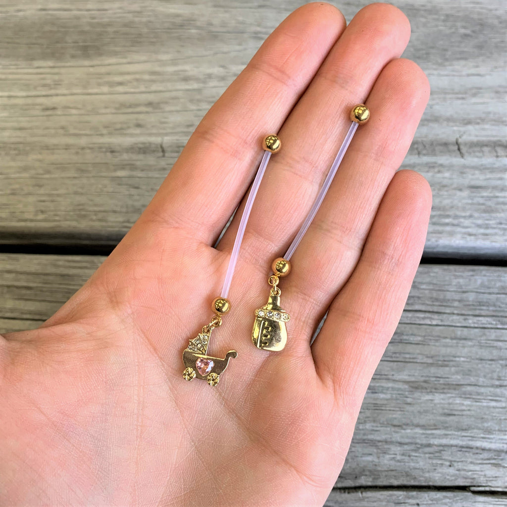 Clear Gem Gold Tone Baby Bottle Dangle Pregnancy Belly Ring