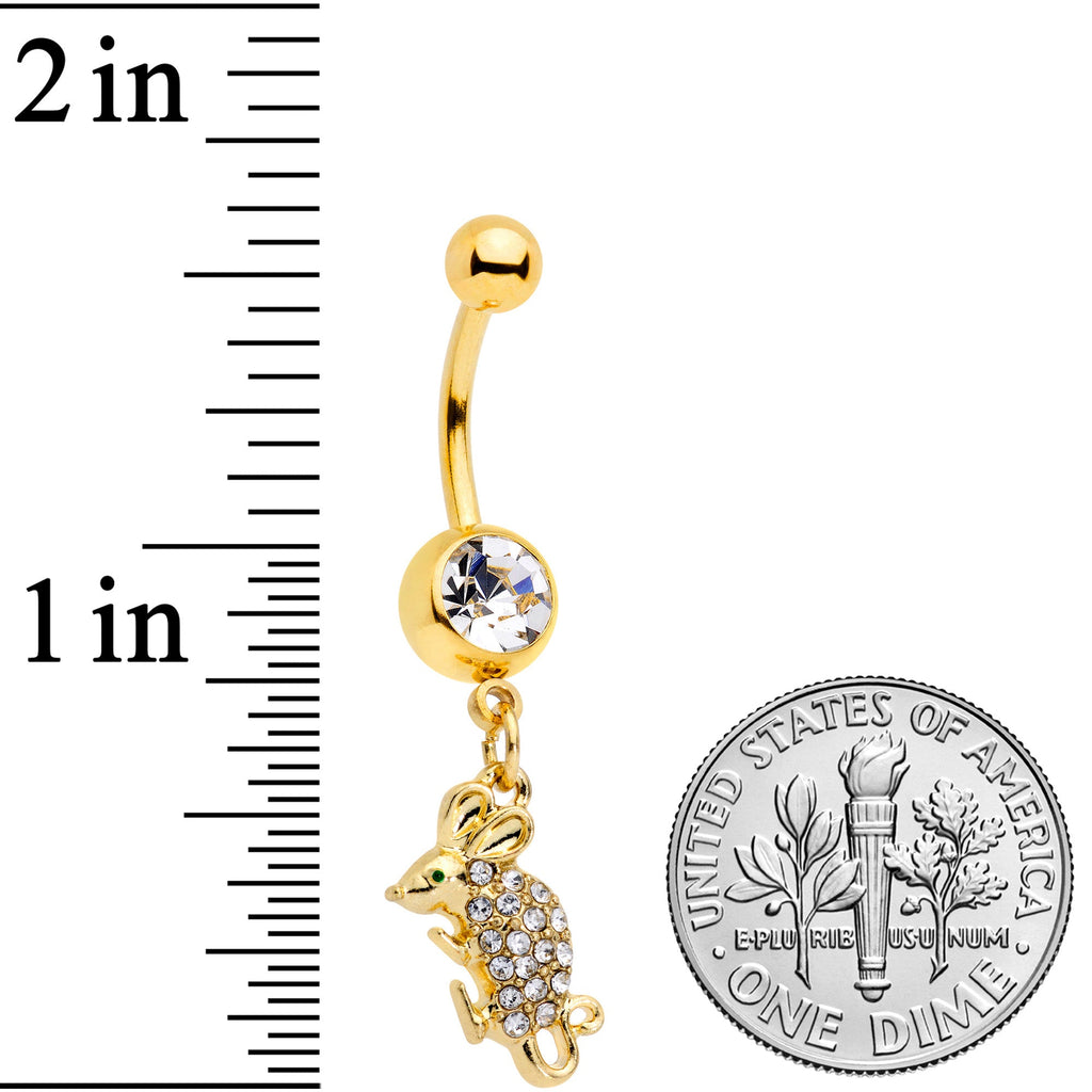 Clear Aqua Gem Gold Tone Mouse Dangle Belly Ring