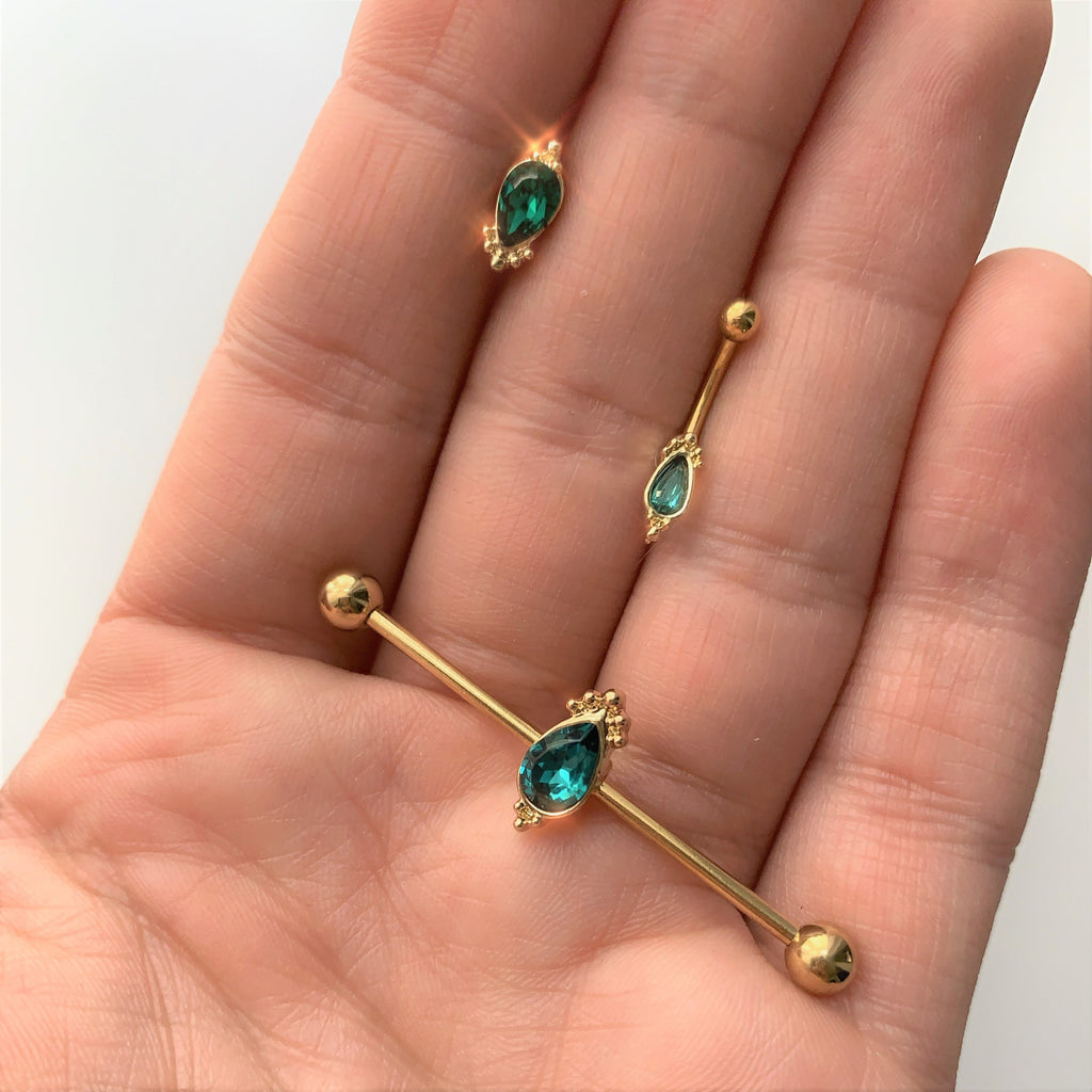 16G 5/16 Green Gem Gold Tone Regal Drop Curved Eyebrow Ring