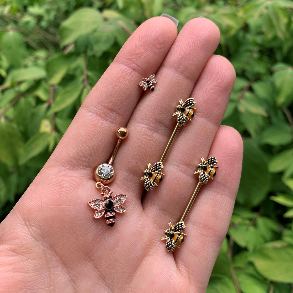 16G 5/16 Clear Black Gem Rose Gold Tone Bee Labret Monroe Tragus