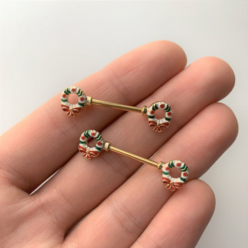 14G 9/16 Gold Tone Christmas Wreath Barbell Nipple Ring Set