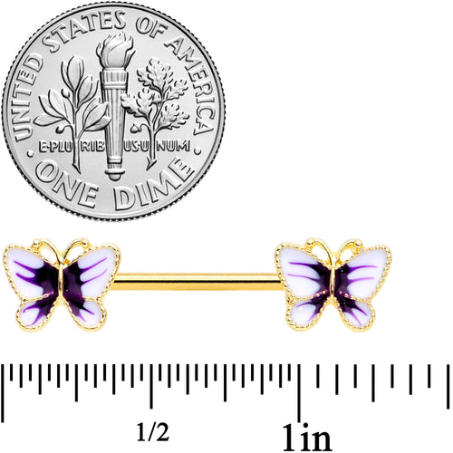 14G 9/16 Gold Tone White Purple Butterfly Barbell Nipple Set
