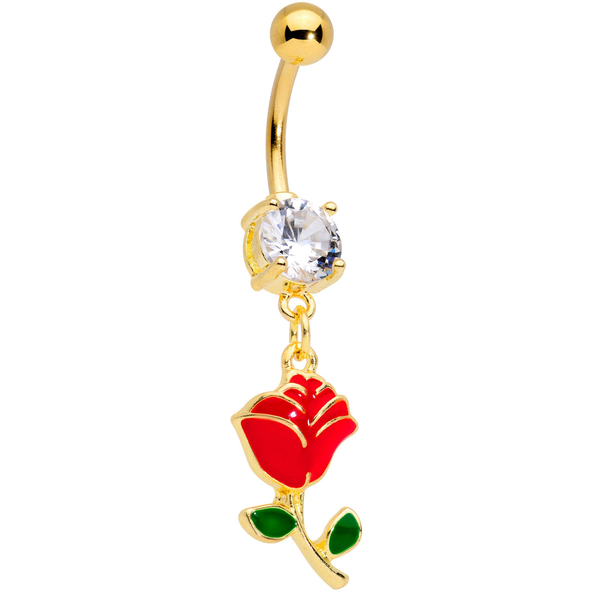 Clear Gem Gold Tone Valentines Day Red Rose Dangle Belly Ring