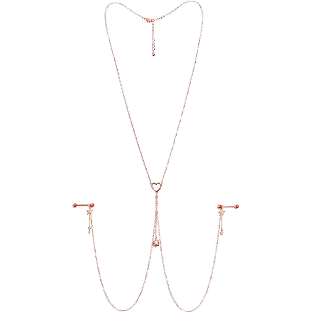 14G 5/8 Clear Gem Rose Gold Hue Star Sun Nipple Chain Necklace