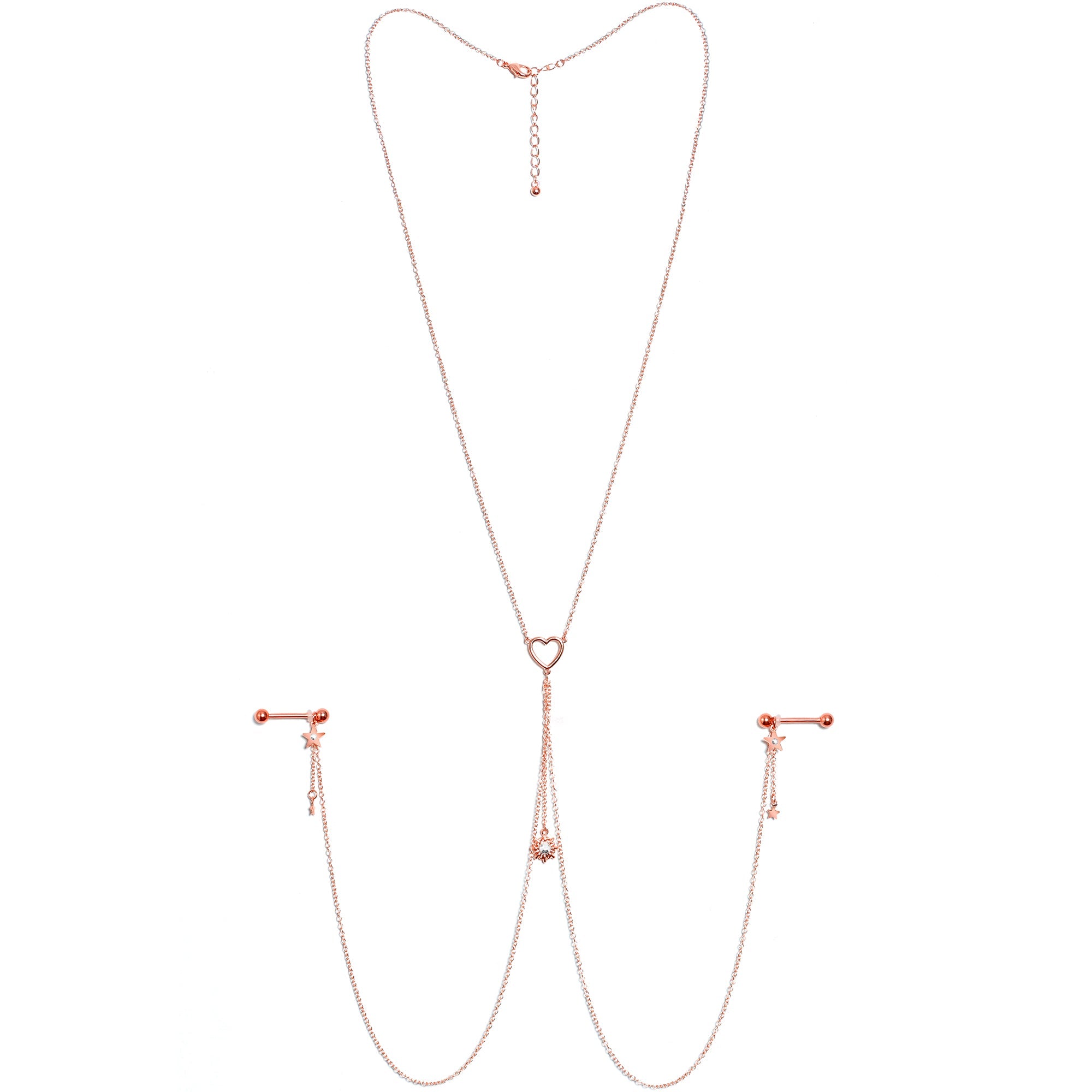 14G 5/8 Clear Gem Rose Gold Hue Star Sun Nipple Chain Necklace
