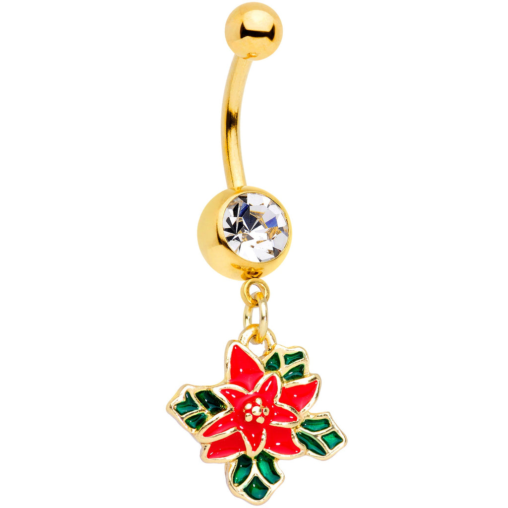 Clear Gem Gold Tone Poinsettia Christmas Dangle Belly Ring