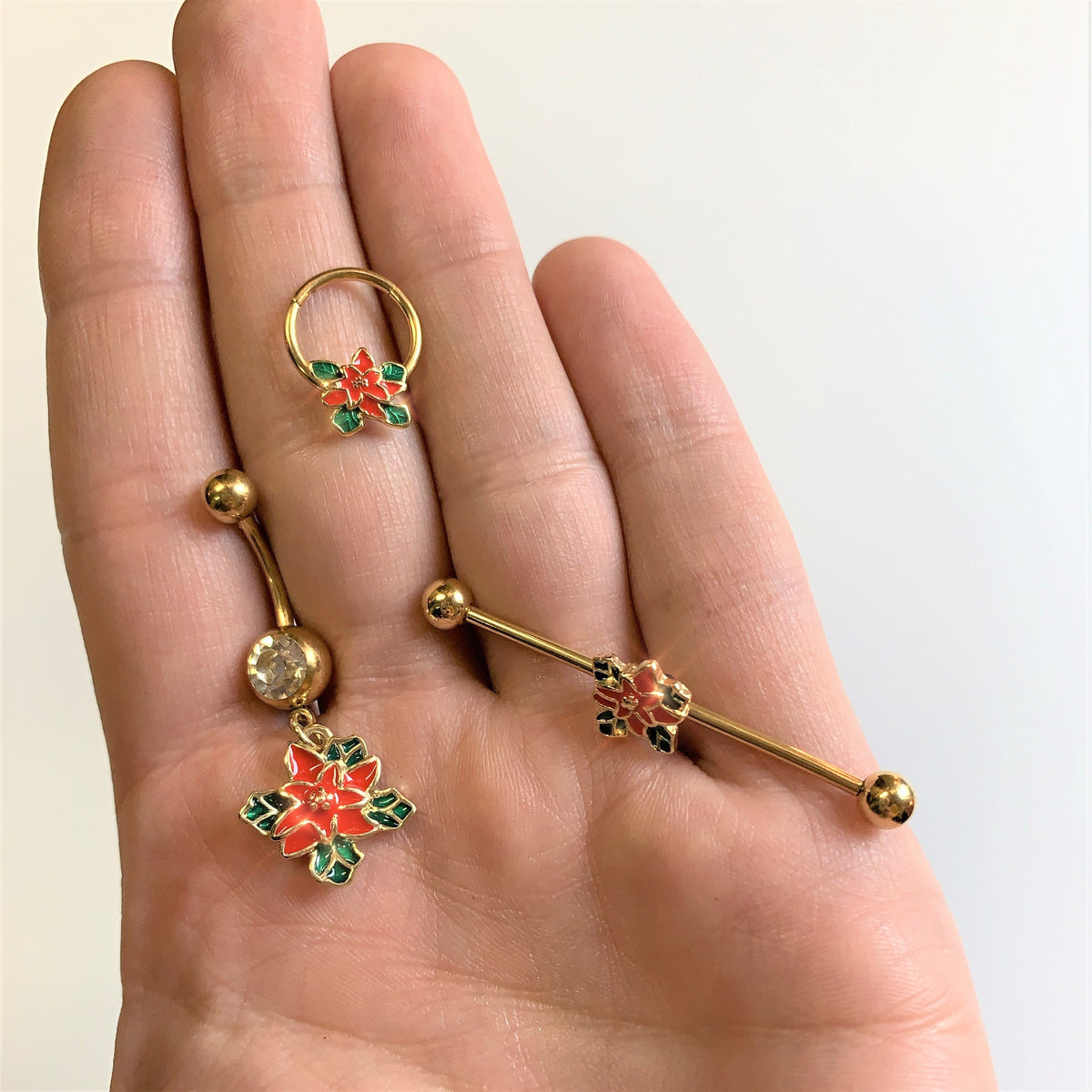 Clear Gem Gold Tone Poinsettia Christmas Dangle Belly Ring