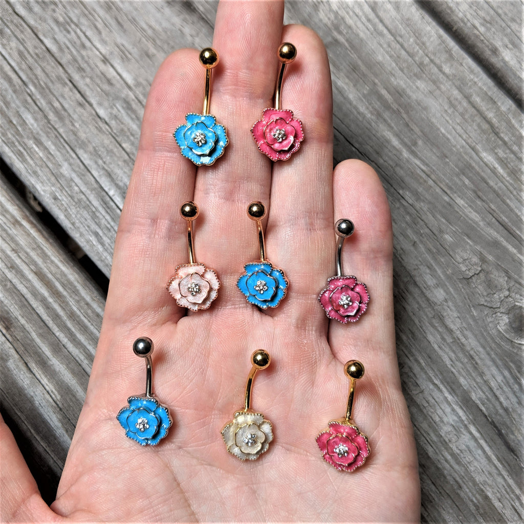 Clear Gem Aqua Rose Reversible Belly Ring