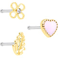 20G 1/4 Clear Gem Pink Heart Flower Feather Nose Bone Set of 3