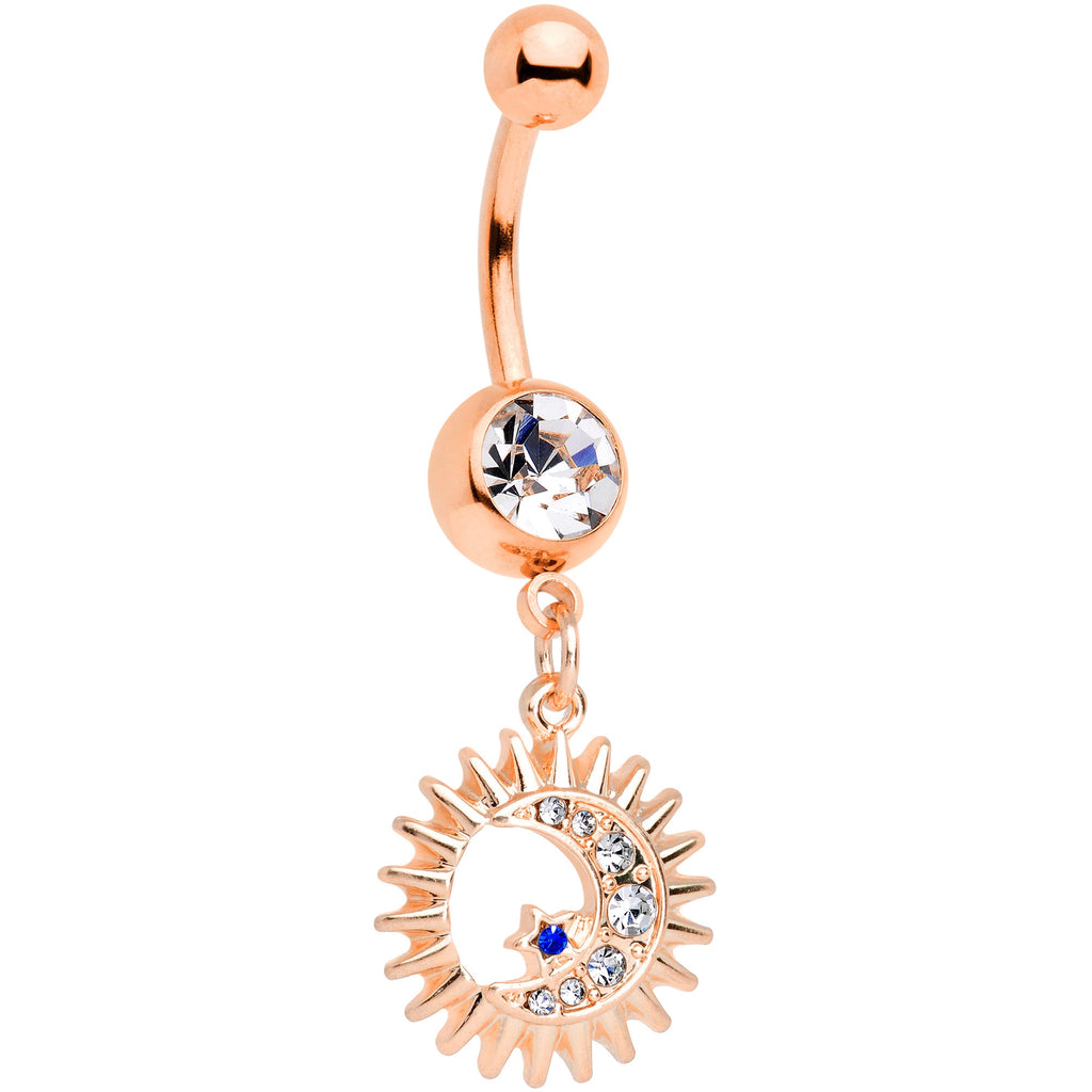 Clear Blue Gem Rose Gold Tone Moon Sun Star Dangle Belly Ring