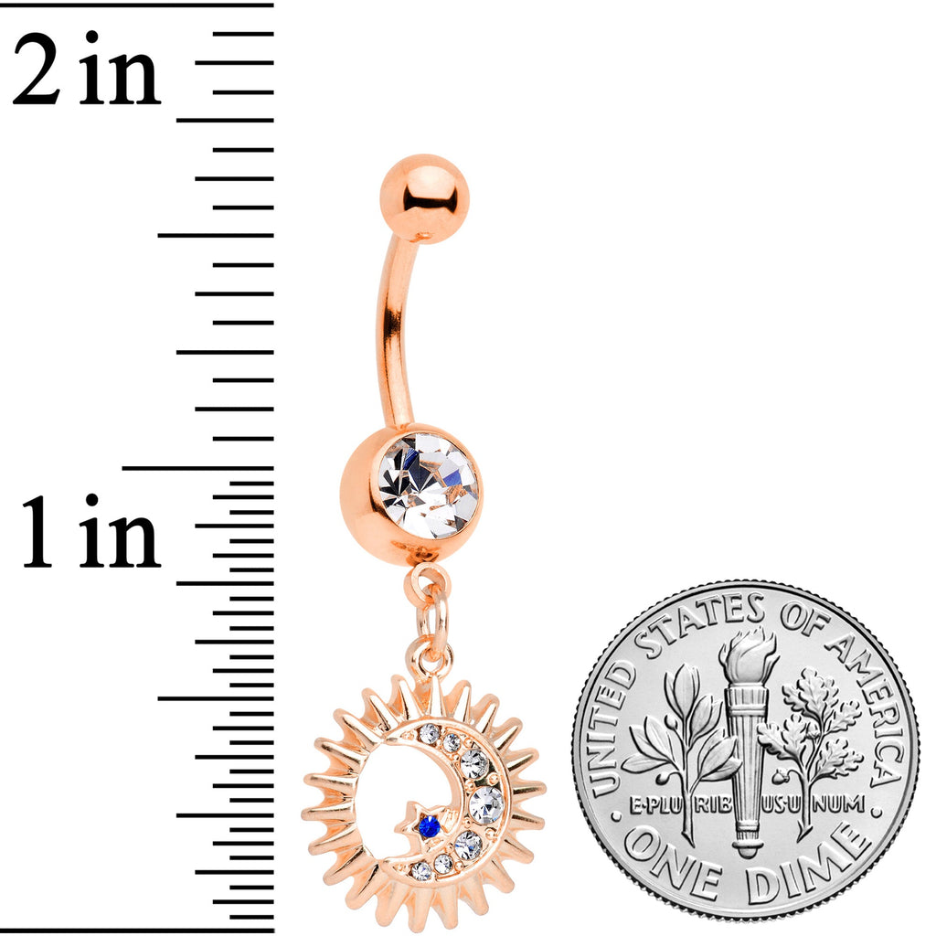 Clear Blue Gem Rose Gold Tone Moon Sun Star Dangle Belly Ring