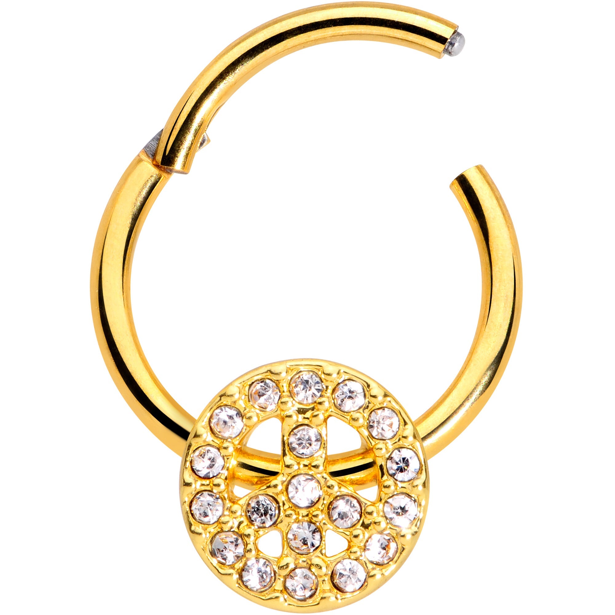 16G 3/8 Clear Gem Gold Tone Peace Sign Hinged Segment Ring
