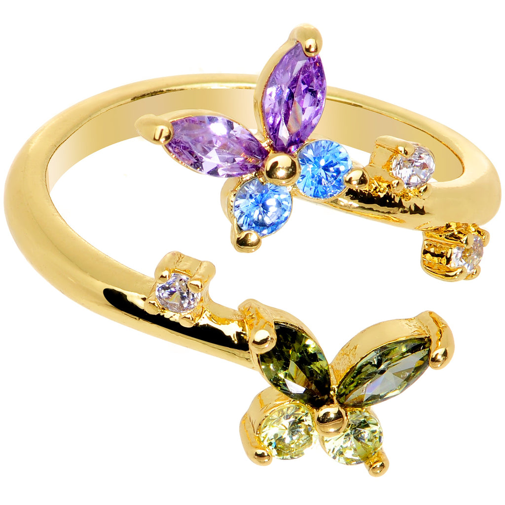 Green Purple Blue Gem Gold Tone Butterfly Spiral Toe Ring