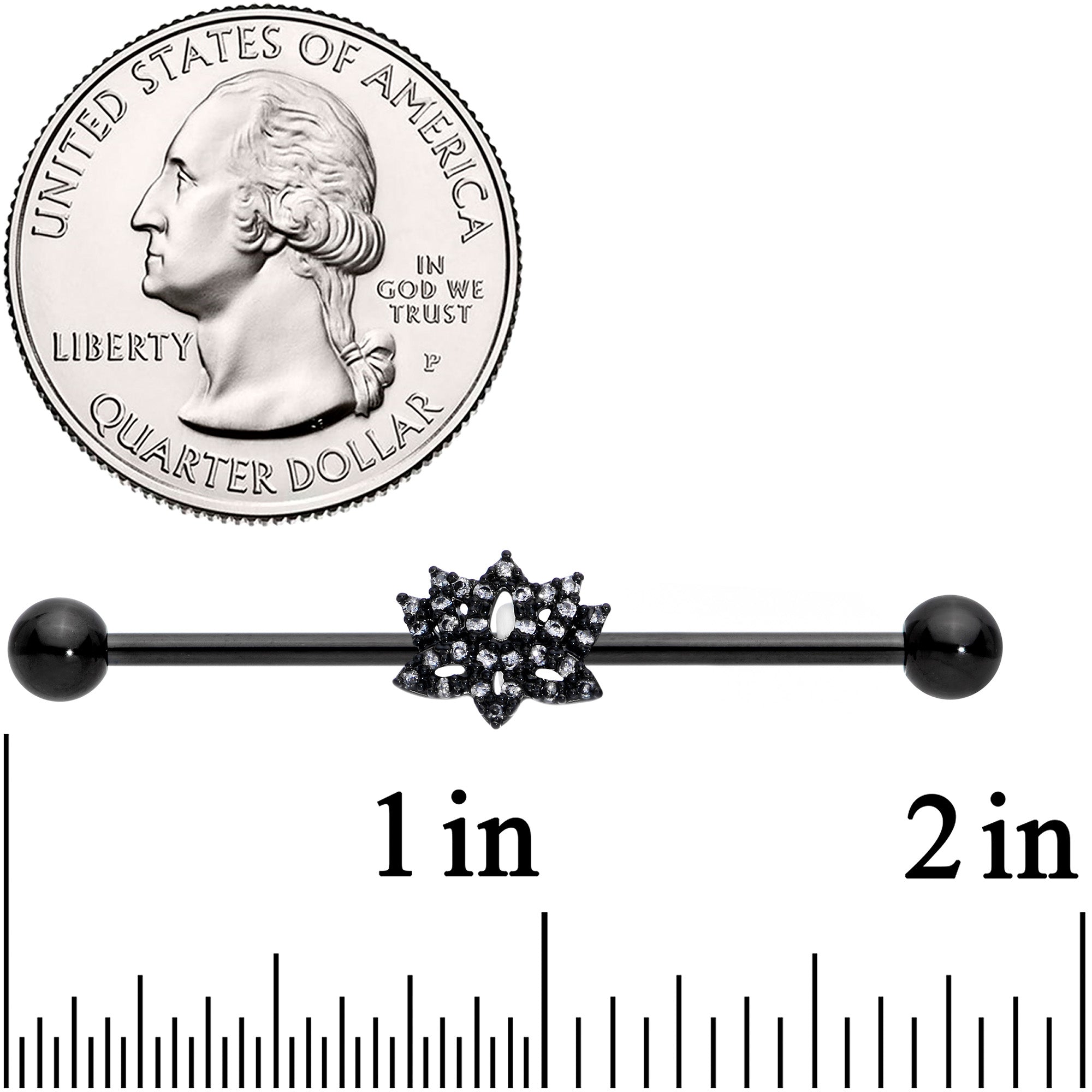 14G Clear CZ Gem Black Lotus Flower Industrial Barbell 38mm