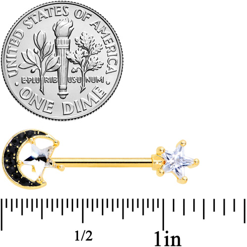 14G 5/8 Clear CZ Gem Gold Tone Black Moon Barbell Nipple Ring Set