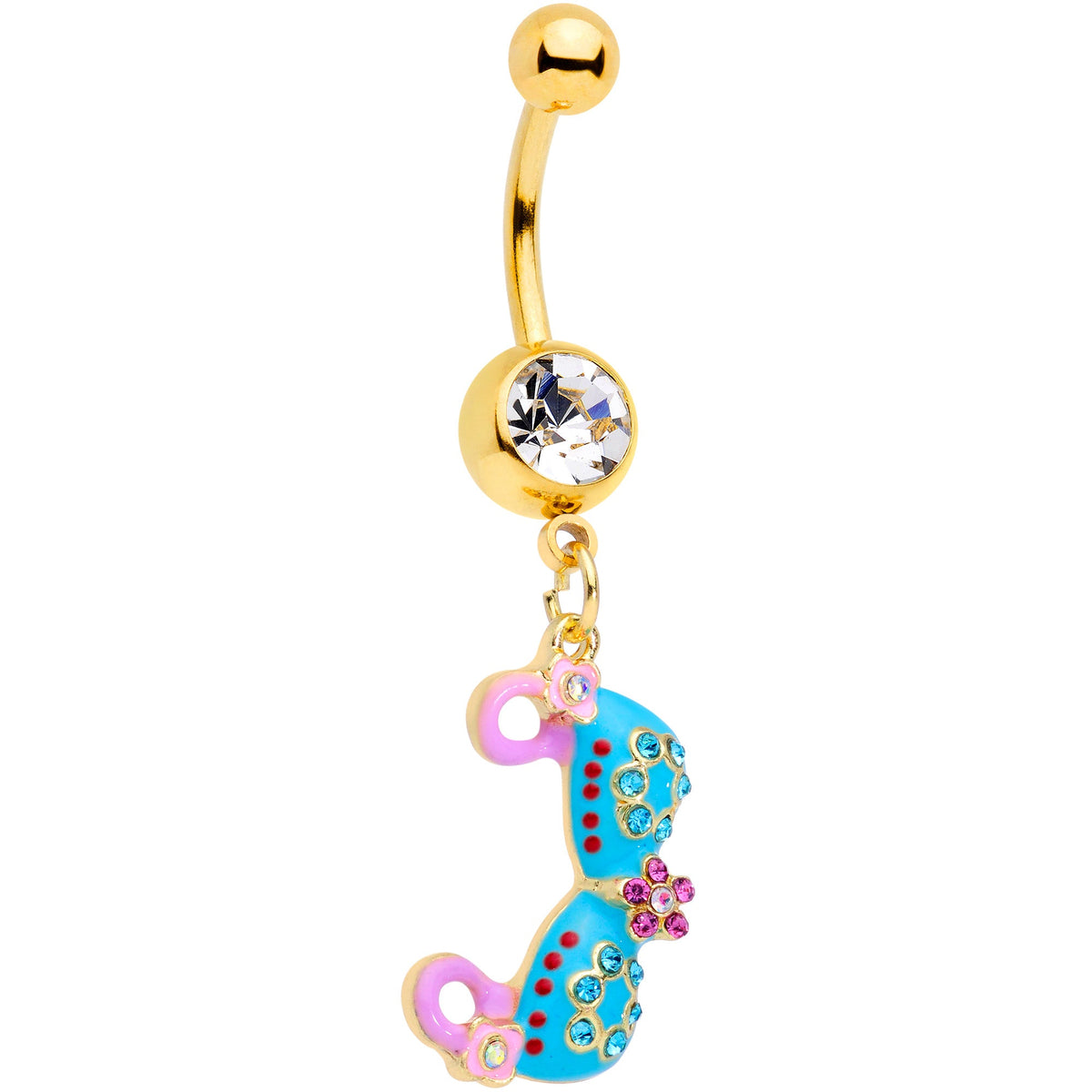 Clear Aqua Pink Gem Gold Tone Bikini Top Dangle Belly Ring