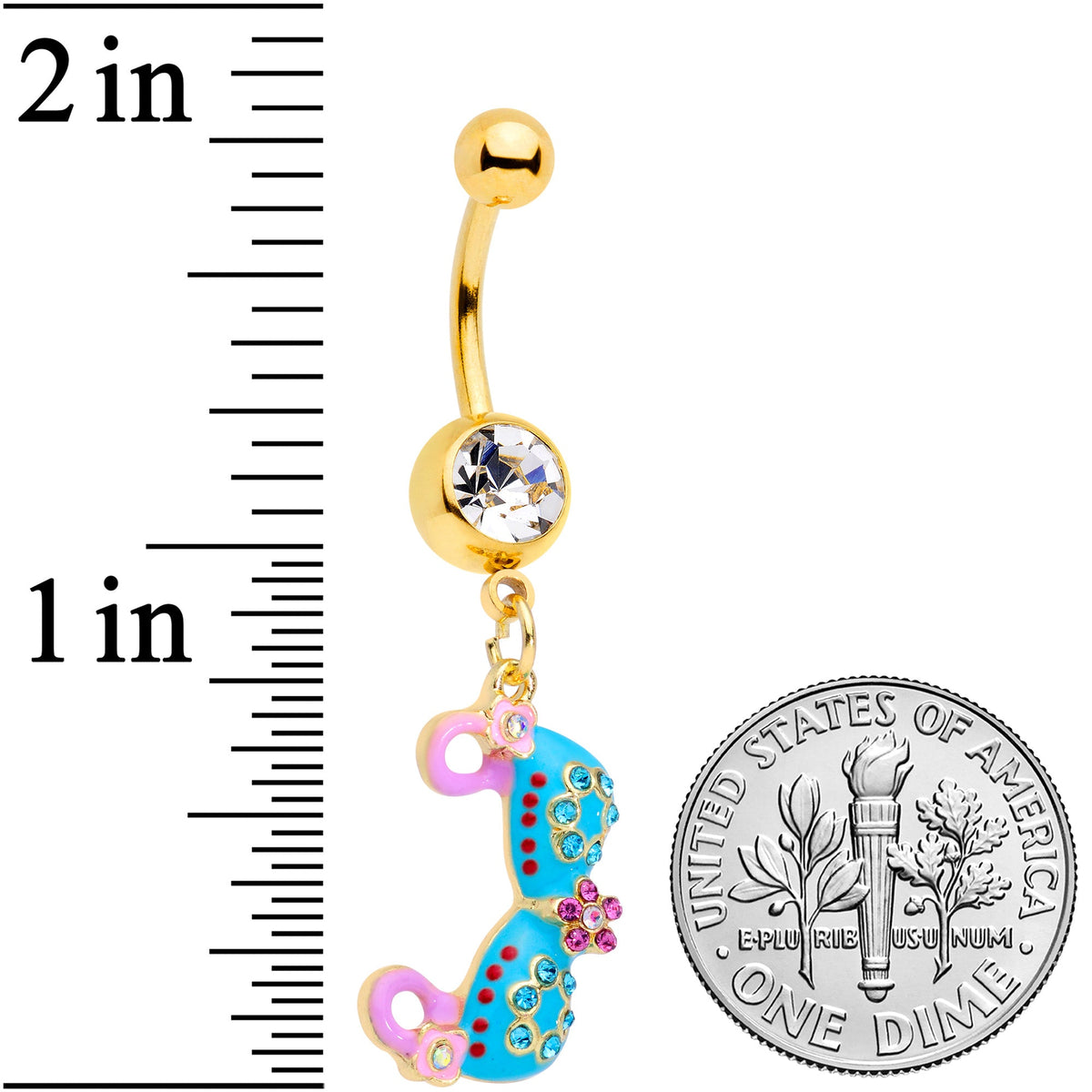 Clear Aqua Pink Gem Gold Tone Bikini Top Dangle Belly Ring