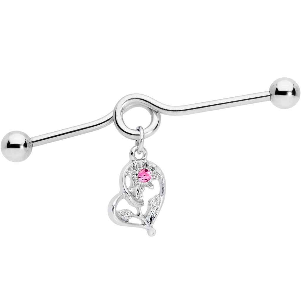 14G Pink Gem Blossoming Heart Flower Dangle Project Bar 38mm