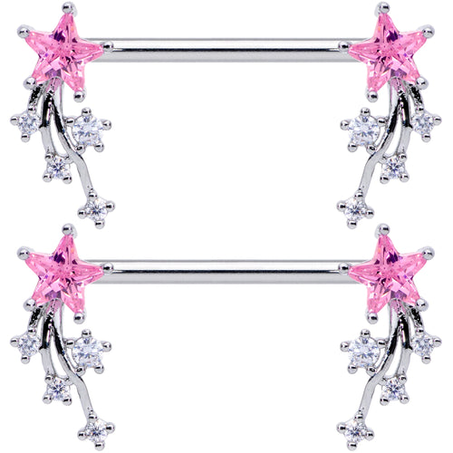 14G 5/8 Pink Clear CZ Gem Shooting Star Barbell Nipple Ring Set