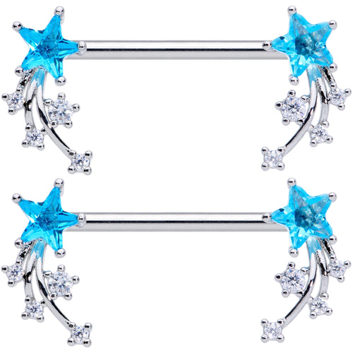 14G 5/8 Aqua Clear CZ Gem Shooting Star Barbell Nipple Ring Set