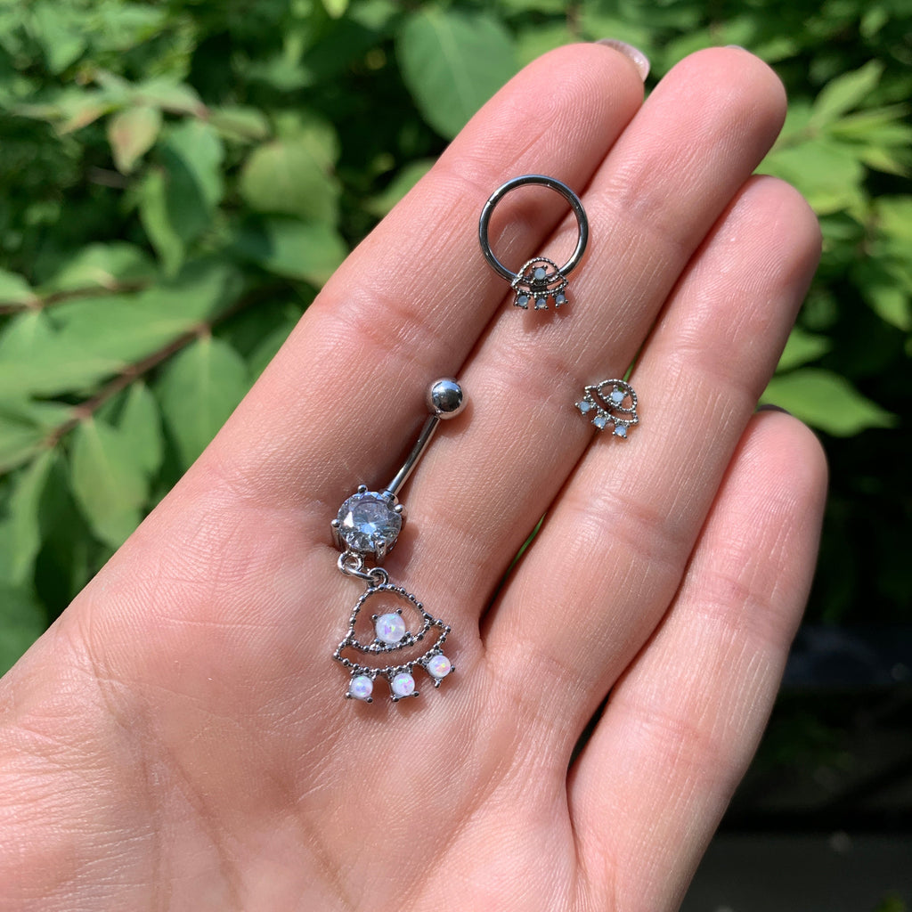 Clear CZ Gem White Faux Opal UFO Dangle Belly Ring