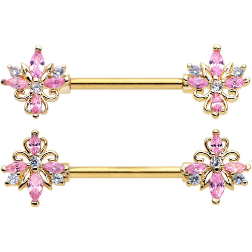 14G 9/16 Pink CZ Gem Gold Tone Pretty Barbell Nipple Ring Set