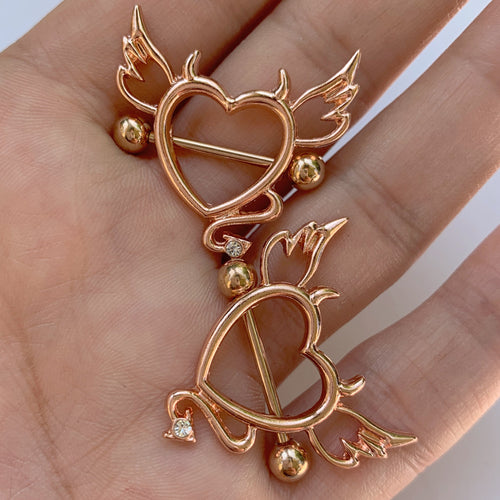 14G 9/16 Clear Gem Rose Gold Tone Devil Heart Nipple Shield Set