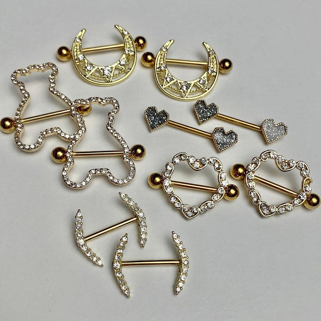 14G 5/8 Clear Gem Gold Tone Teddy Bear Nipple Shield Set