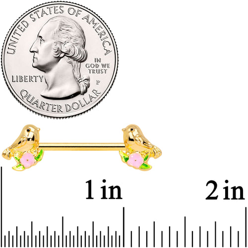 14G 9/16 Gold Tone Bird Pink Flower Barbell Nipple Ring Set