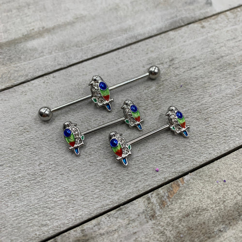 14G 9/16 Clear Gem Tropical Parrot Bird Barbell Nipple Ring Set